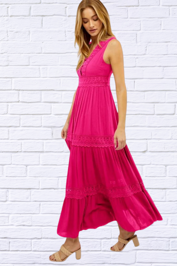 Hot Pink Lace Trip Ruffle V Neck Maxi Dress