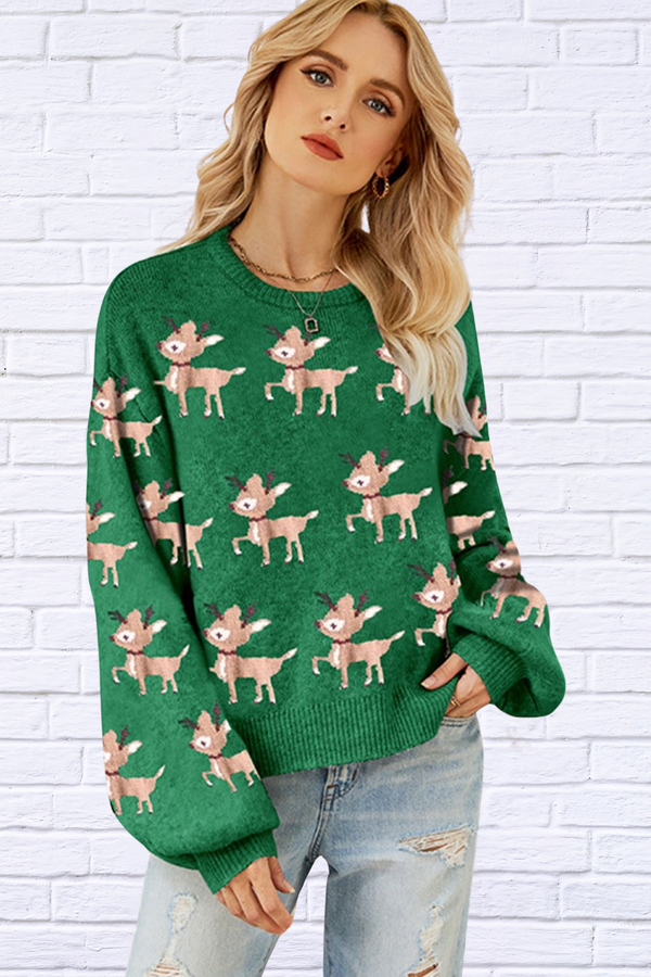 Reindeer Round Neck Drop Shoulder Sweater