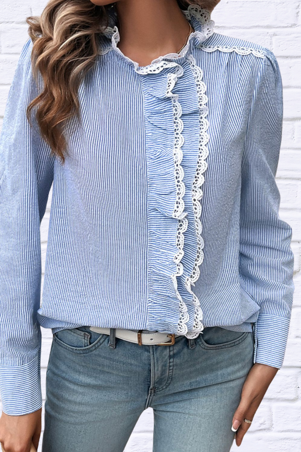 Lace Detail Ruffled Round Neck Long Sleeve Shirt