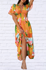 Smocked Printed V-Neck Short Sleeve Maxi Dress