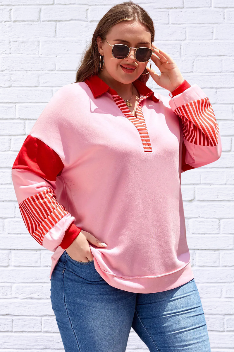 Plus Size Color Block Johnny Collar Long Sleeve Sweatshirt