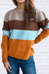 Ruby Color Block Stripe Round Neck Long Sleeve Sweater