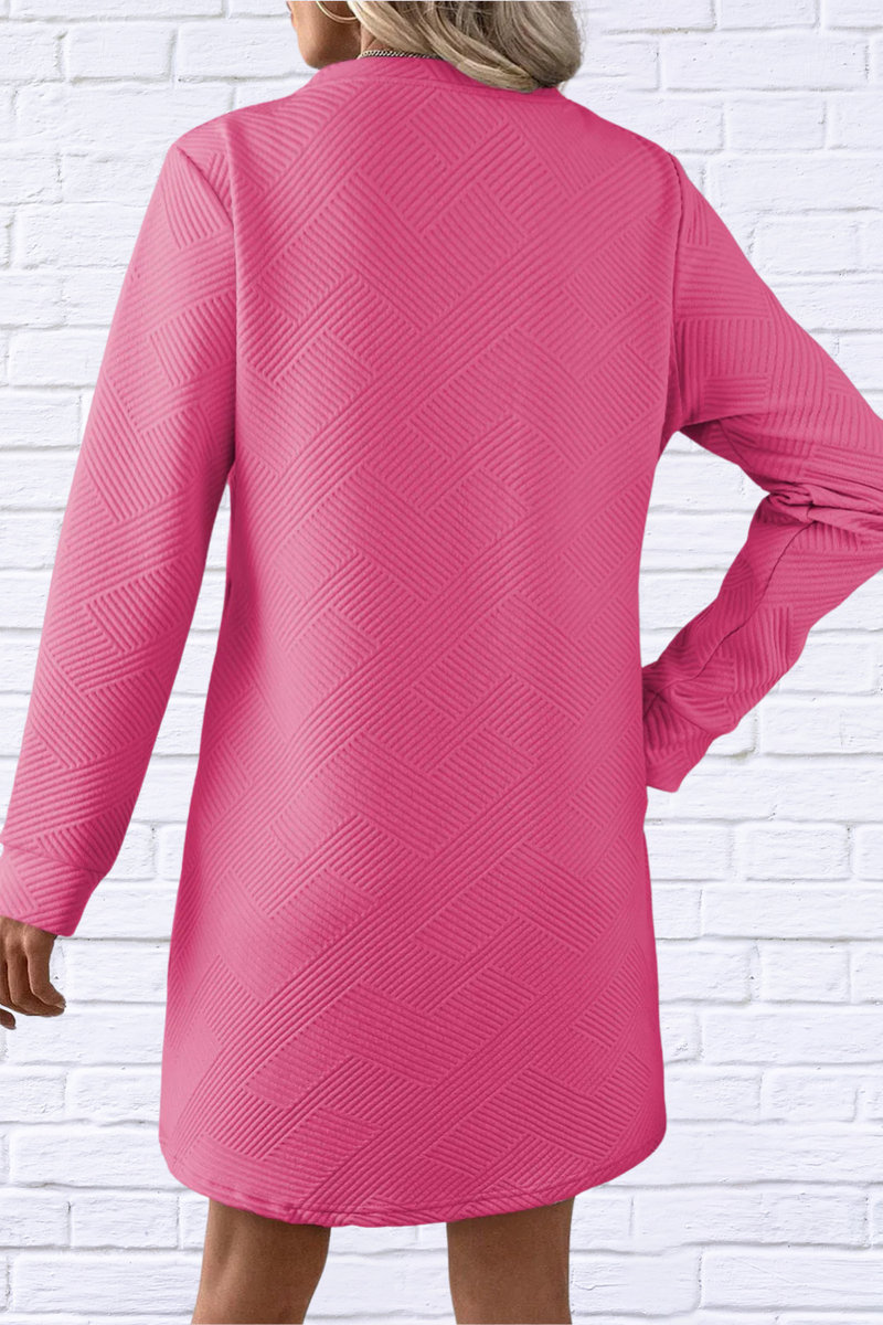 Textured Round Neck Long Sleeve Mini Dress