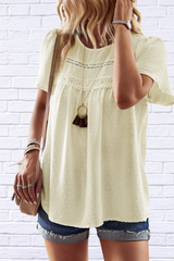 Lace Detail Round Neck Short Sleeve Blouse