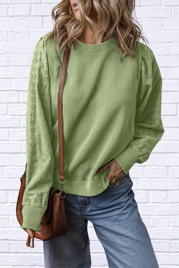 Eyelet Round Neck Long Sleeve Sweatshirt