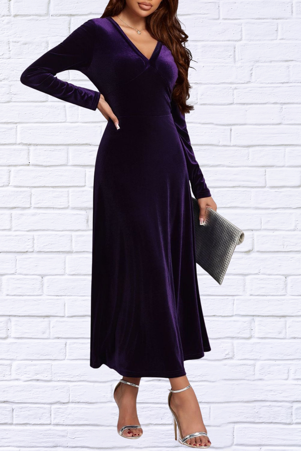 V-Neck Long Sleeve Violet Velvet Dress