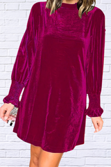 Full Size Mock Neck Smocked Long Sleeve Mini Dress