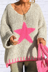 Star V-Neck Long Sleeve Oversize Sweater