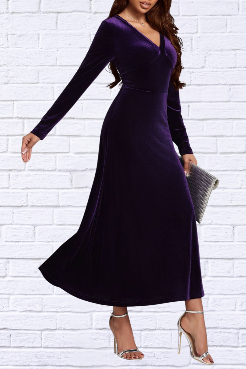 V-Neck Long Sleeve Violet Velvet Dress