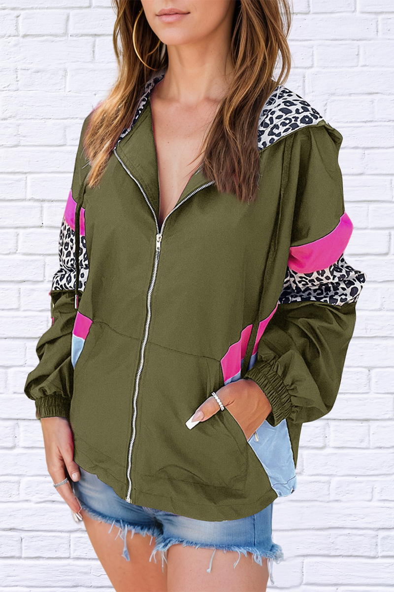 Leopard Zip Up Long Sleeve Hooded Jacket