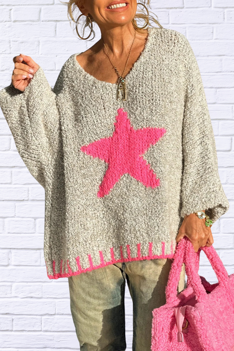 Star V-Neck Long Sleeve Oversize Sweater