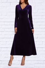 V-Neck Long Sleeve Violet Velvet Dress