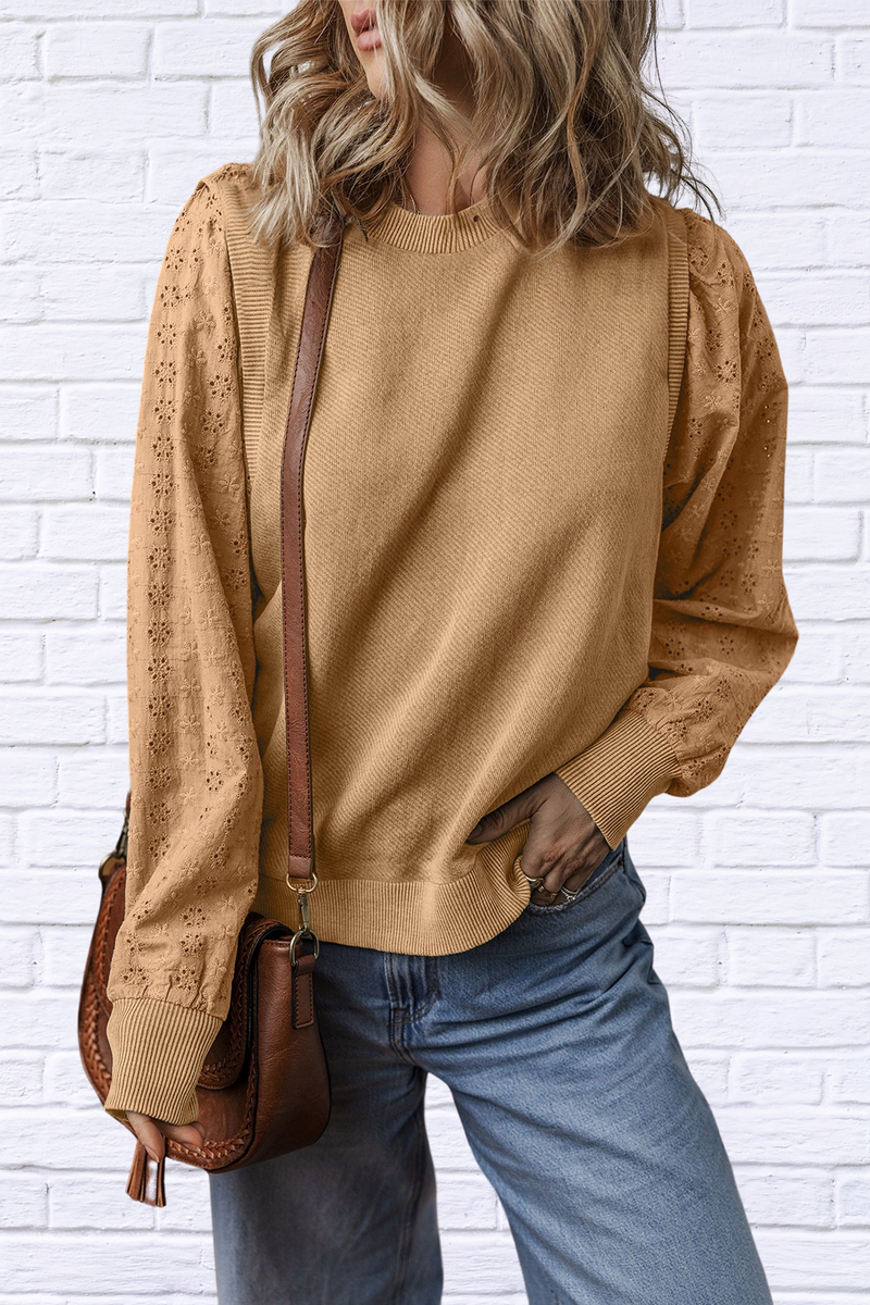 Eyelet Round Neck Long Sleeve Sweatshirt