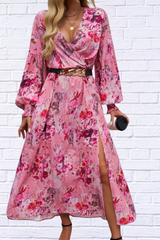 Split Printed Surplice Long Sleeve Midi Dress