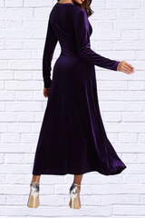 V-Neck Long Sleeve Violet Velvet Dress