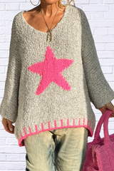 Star V-Neck Long Sleeve Oversize Sweater