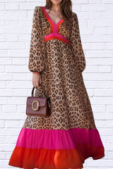 Leopard V-Neck Long Sleeve Maxi Dress