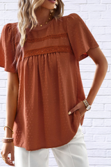 Lace Detail Round Neck Short Sleeve Blouse