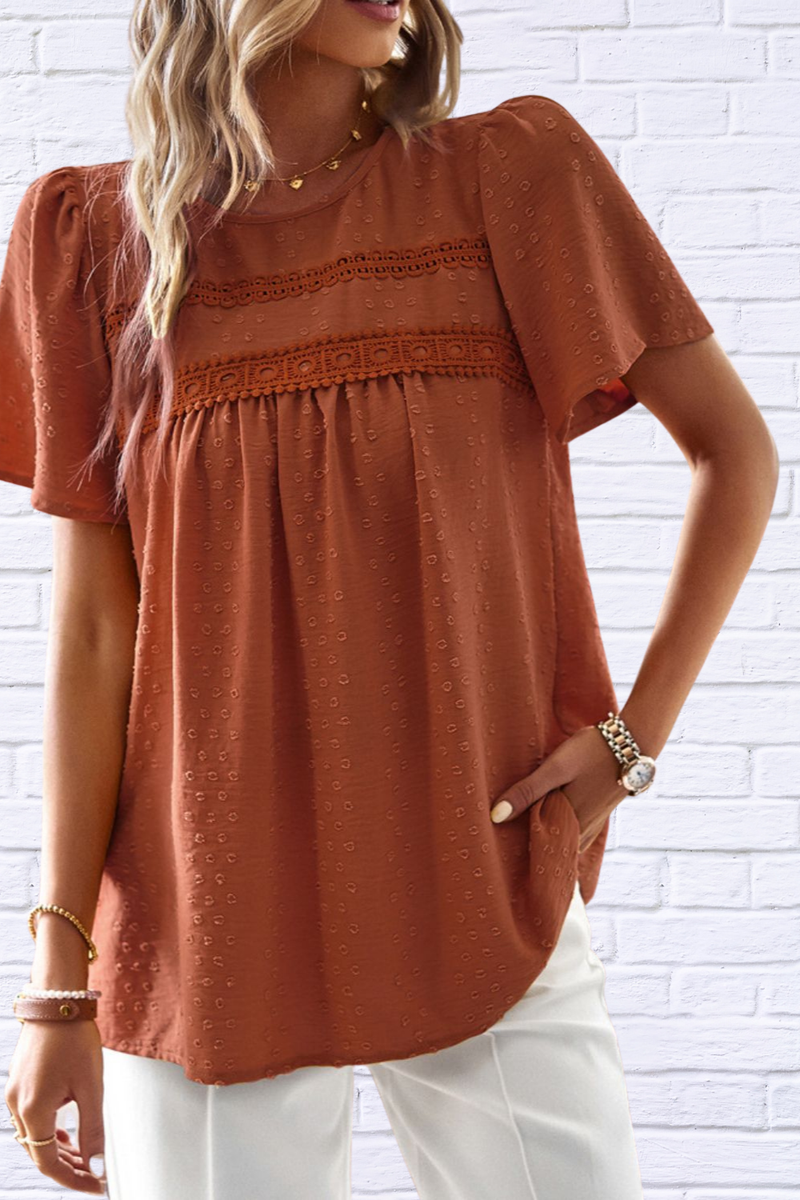 Lace Detail Round Neck Short Sleeve Blouse