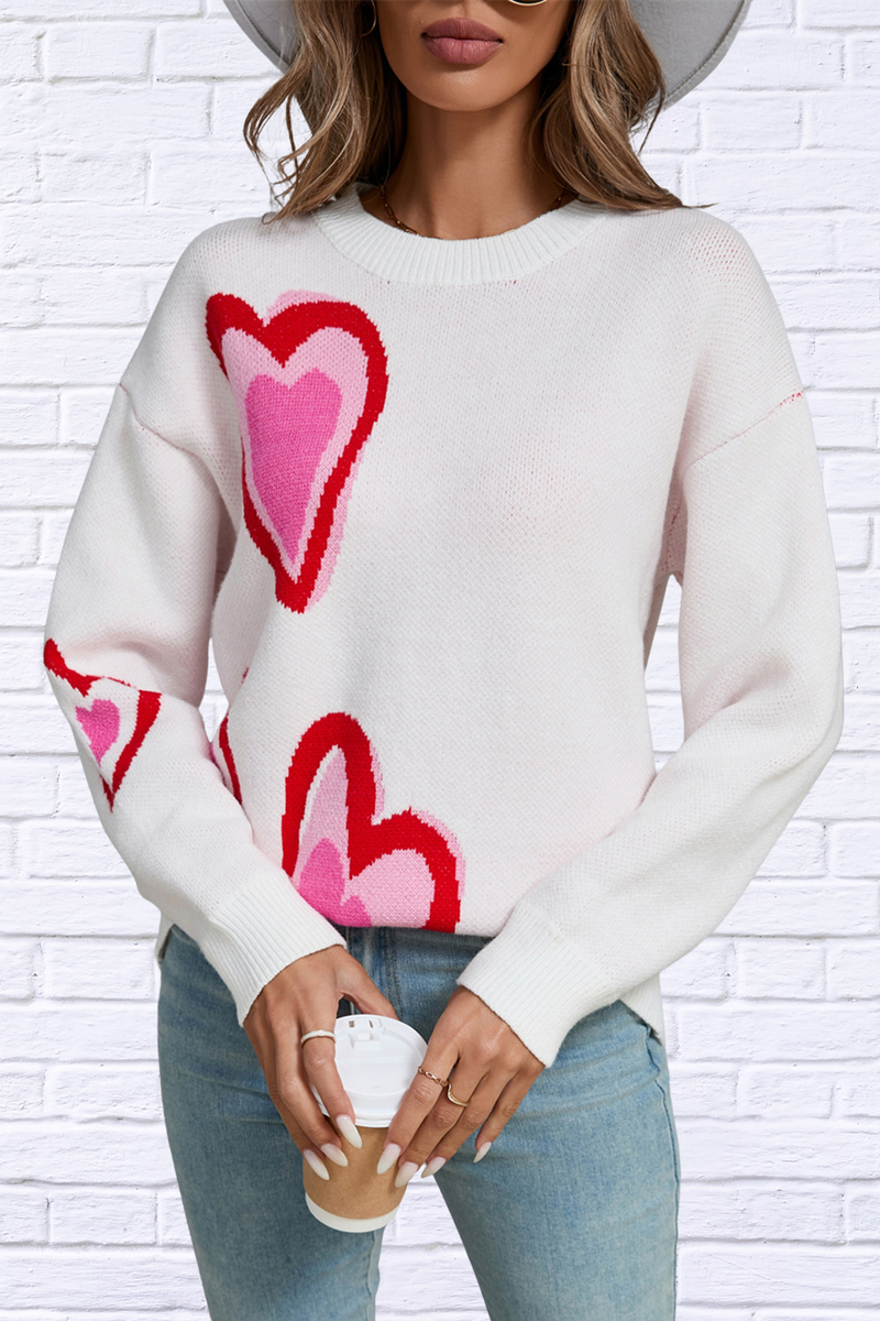 Heart Round Neck Long Sleeve Sweater