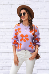 Angel Wings Floral Print Round Neck Dropped Shoulder Pullover Sweater