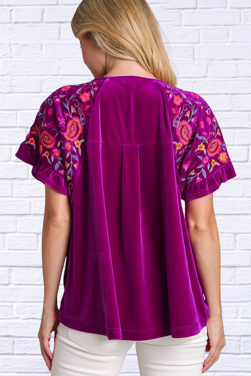 Full Size Velvet Embroidery Short Sleeve Blouse