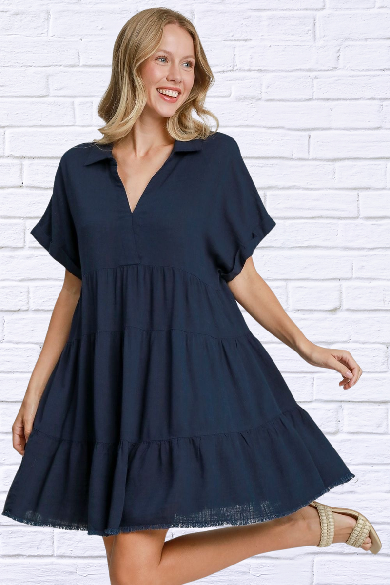 Umgee Full Size Raw Hem Folded Sleeve Tiered Dress Plus Size