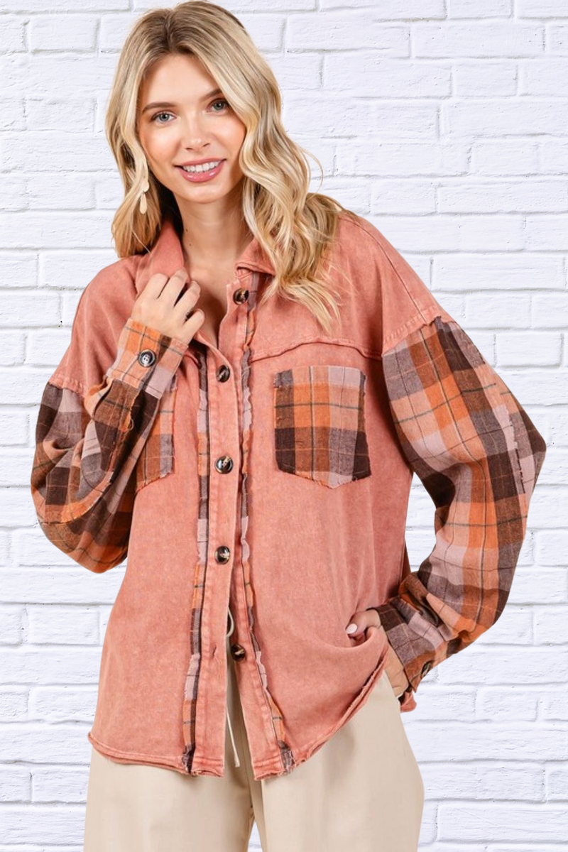 Button Down Terracotta Contrast Plaid Patchwork Shacket