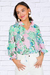 Green Floral Print V Neck Tied Loose Blouse