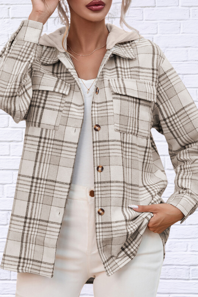 Plaid Removable Hood Button Up Shacket