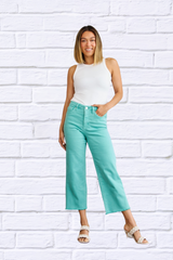 Island Green Crop Chloe Full Size Tummy Control High Waist Raw Hem Jeans