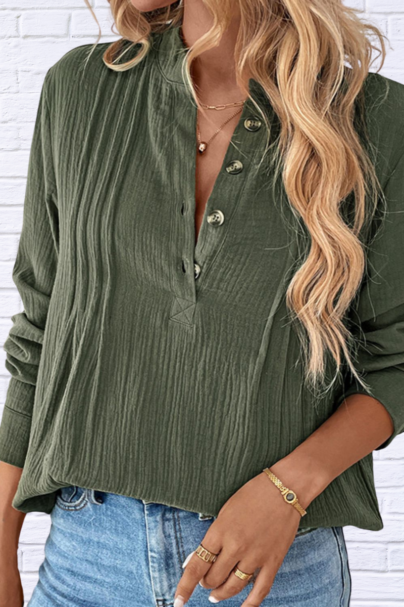 Textured Notched Long Sleeve Blouse