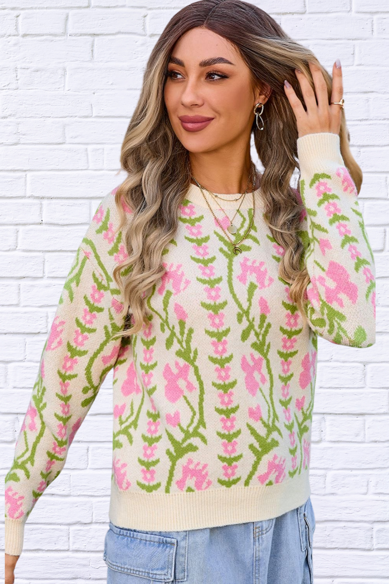 Delicate  Flower Round Neck Long Sleeve Sweater