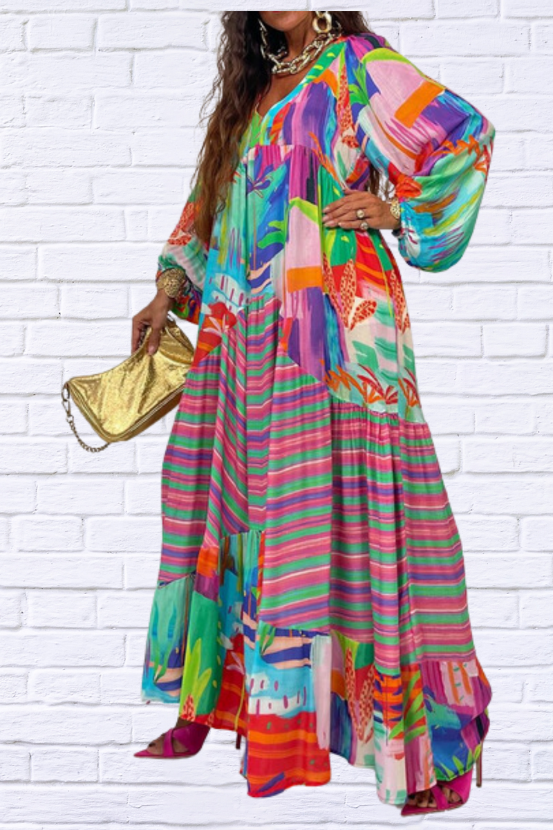 Loose V Neck Printed Long Sleeve Dress