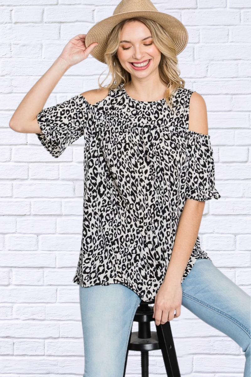 Full Size Leopard Round Neck Cold Shoulder T-Shirt Plus Size