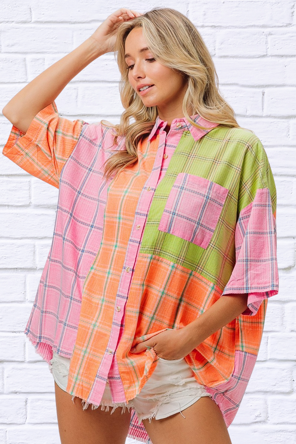 Plaid Collared Neck Half Sleeve Shirt