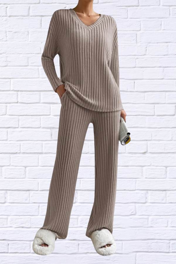 Ribbed V-Neck Top and Pants Set