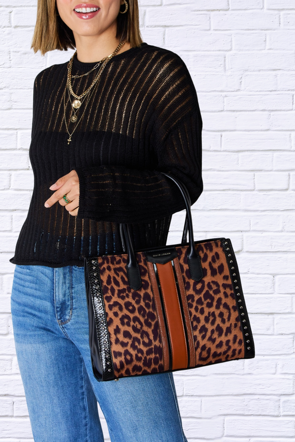 David Jones Leopard Contrast Rivet Handbag