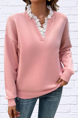 Lace Detail Notched Long Sleeve Sweater