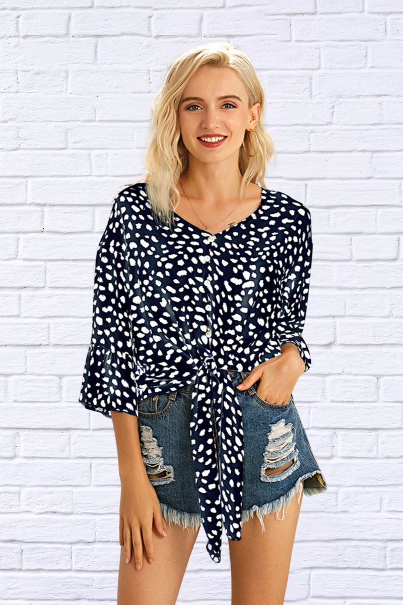 Tied Printed Button up V-Neck Blouse