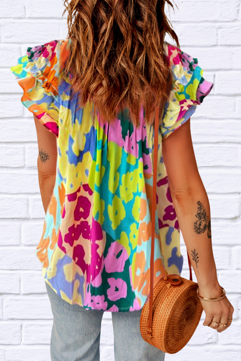 Ruffled Printed Tie Neck Cap Sleeve Blouse