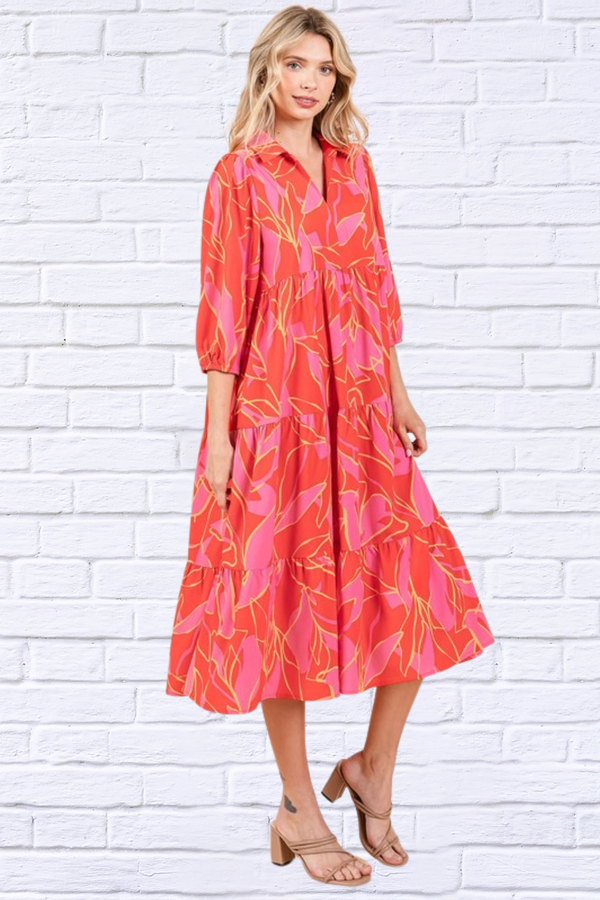 Tiered Coral Printed Collared Neck Midi Dress