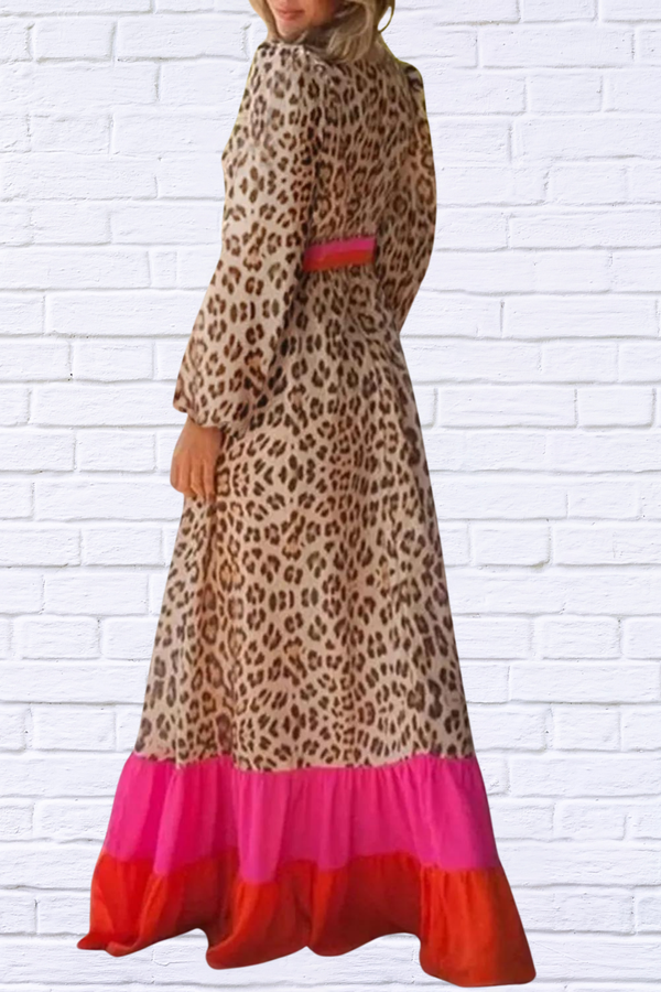 Leopard V-Neck Long Sleeve Maxi Dress