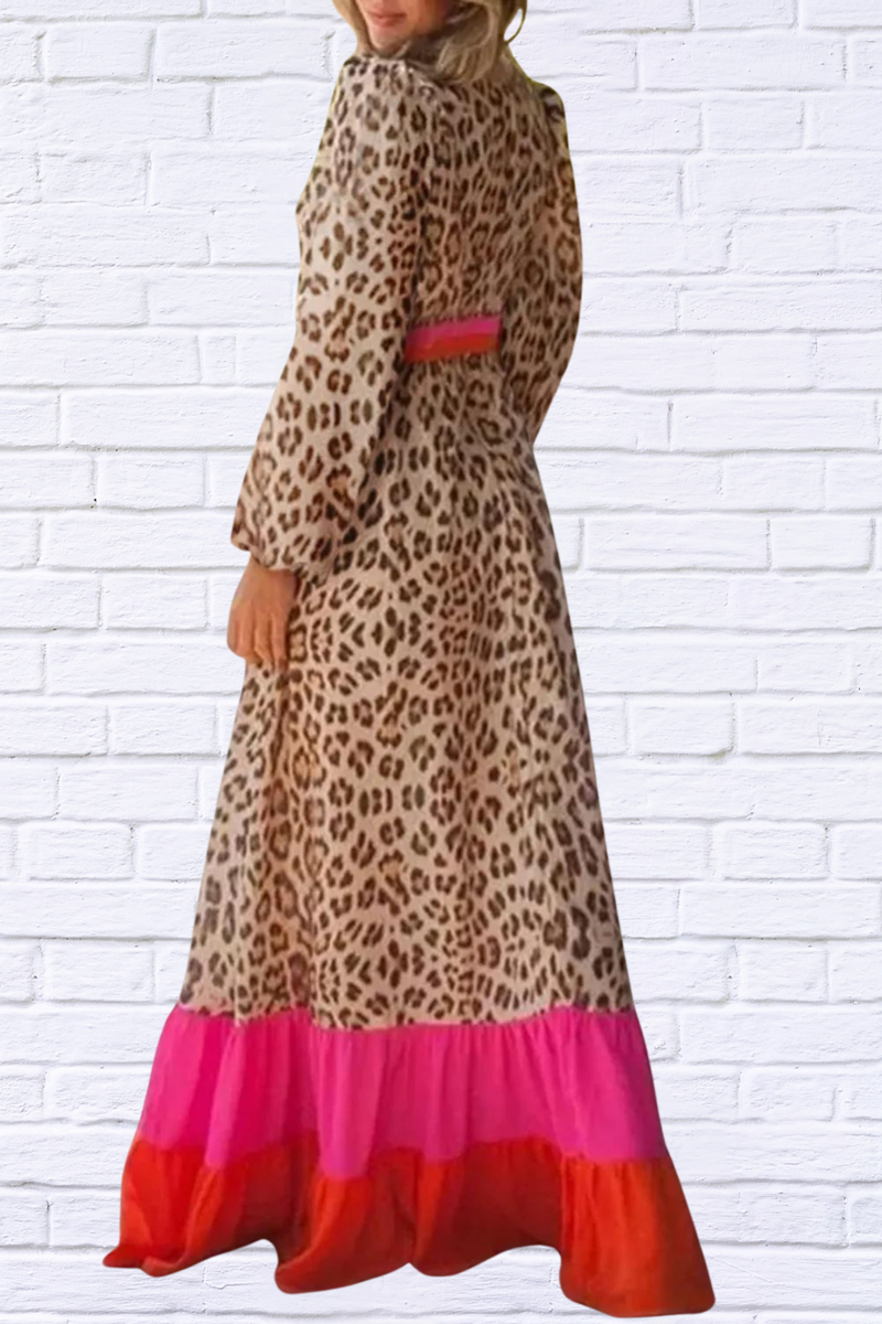 Leopard V-Neck Long Sleeve Maxi Dress