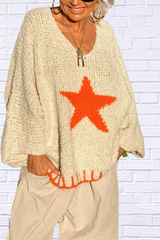 Star V-Neck Long Sleeve Oversize Sweater