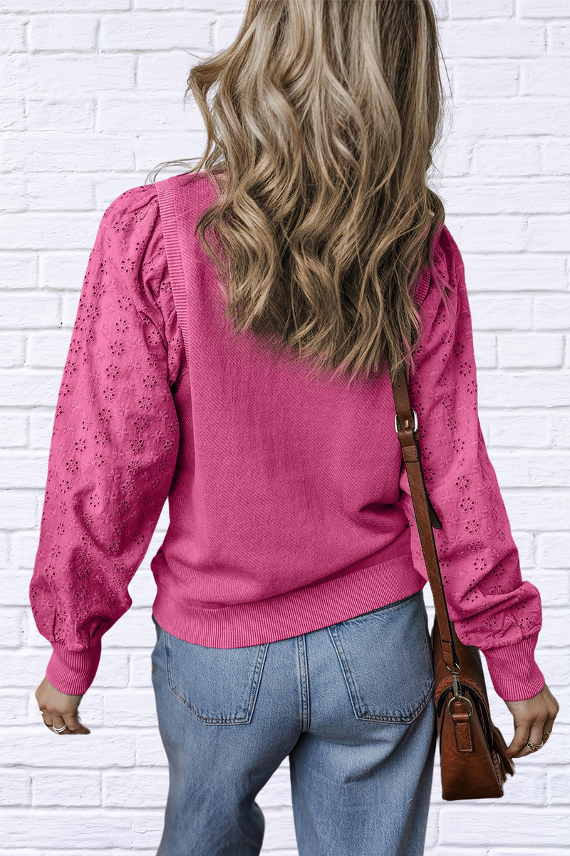 Eyelet Round Neck Long Sleeve Sweatshirt