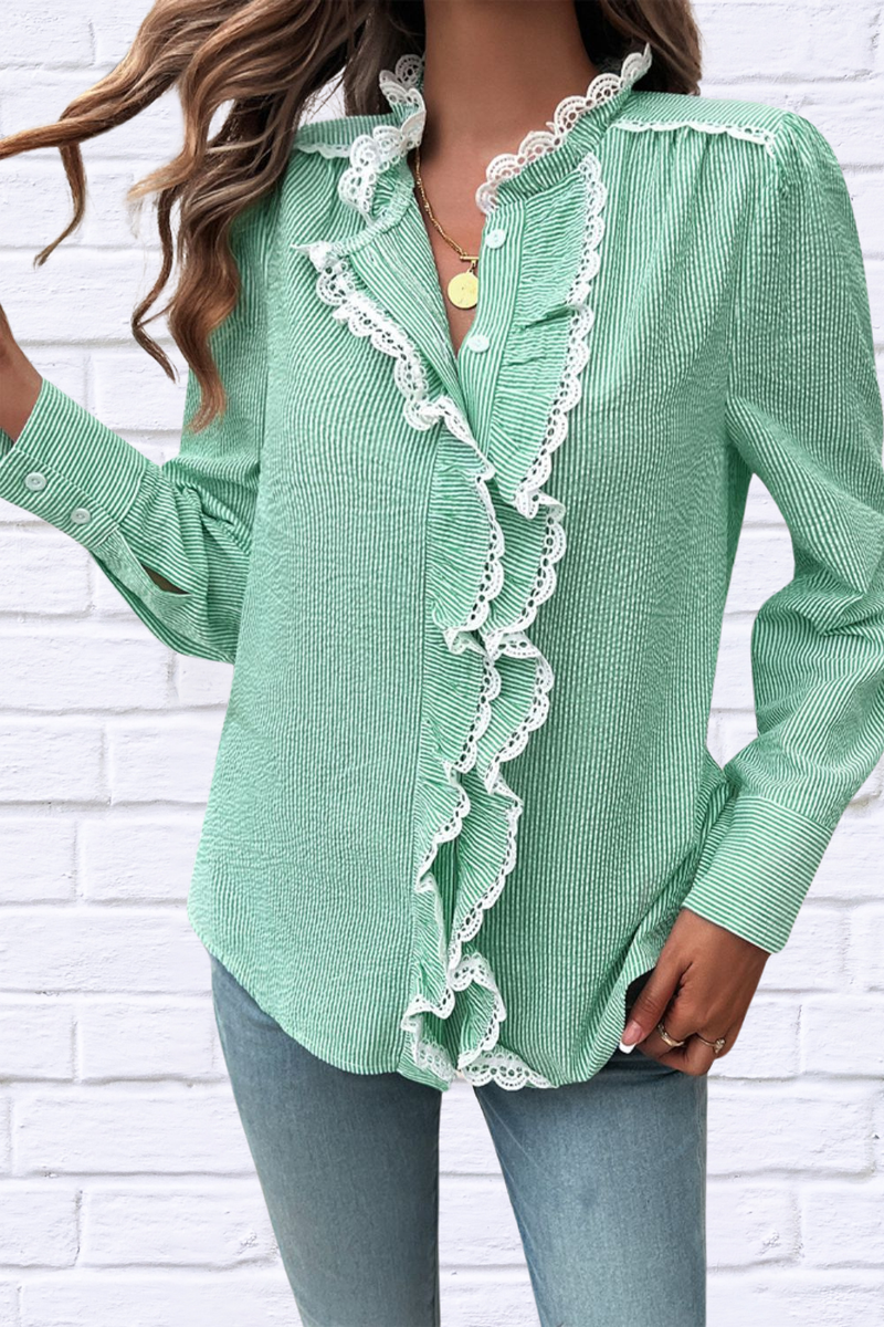 Lace Detail Ruffled Round Neck Long Sleeve Shirt