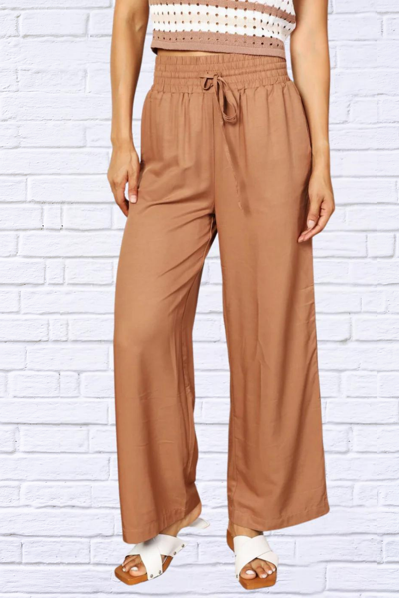 Double Take Drawstring Smocked Waist Wide Leg Pants