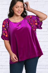 Full Size Velvet Embroidery Short Sleeve Blouse