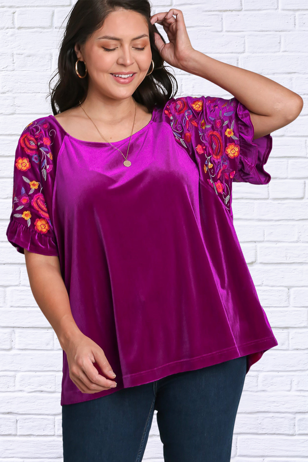 Full Size Velvet Embroidery Short Sleeve Blouse